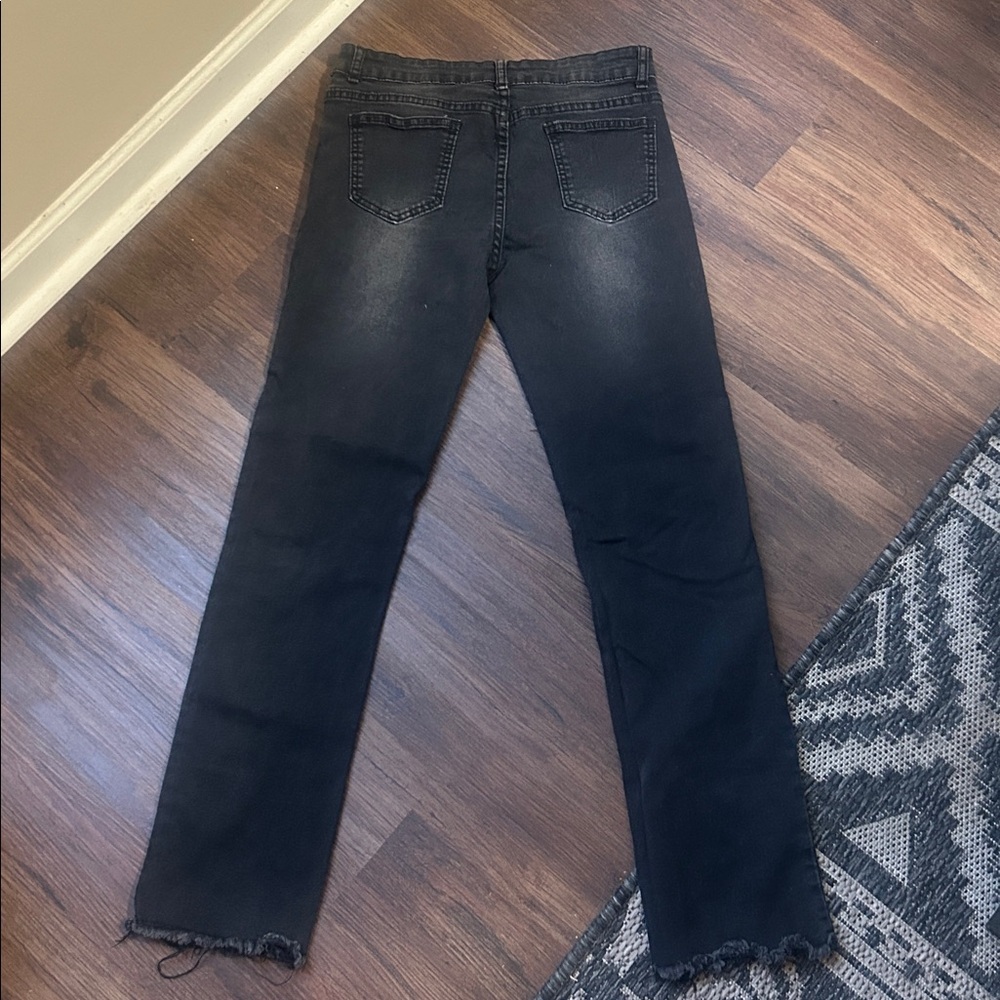 Black washed out distressed straight leg raw hem jeans size 14 - Picture 4 of 5